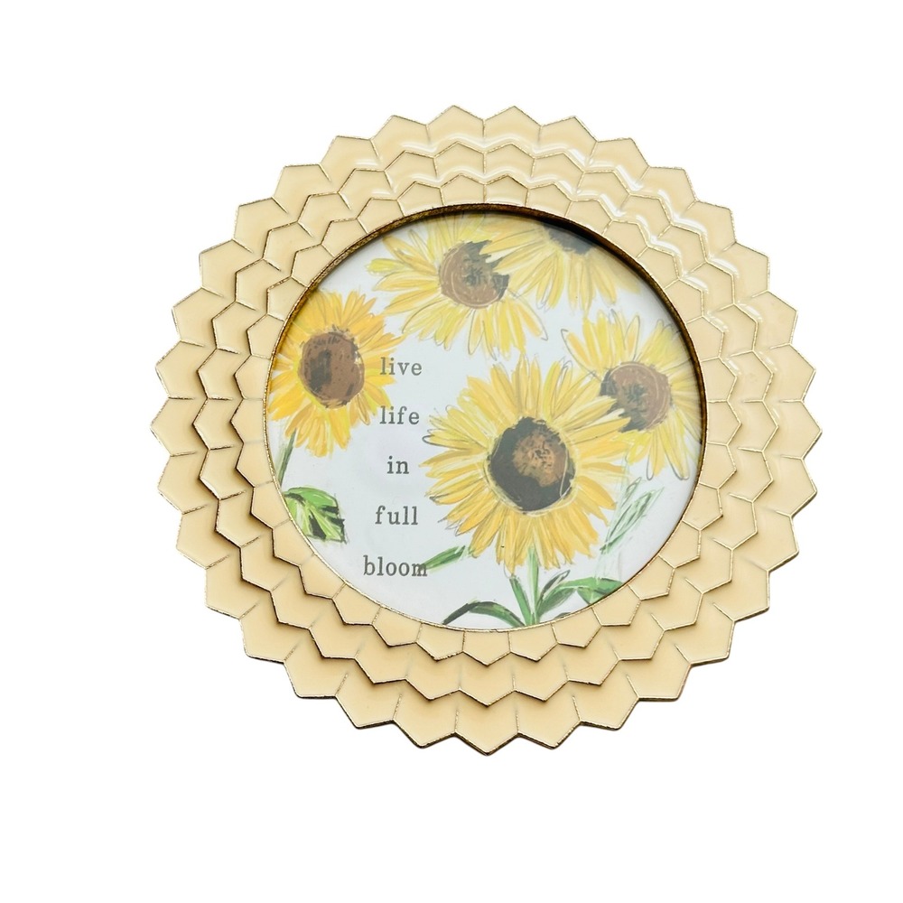 Cottagecore Scalloped Round Sunflower Picture Frame 4x4 Gold Cream Boho Decor
